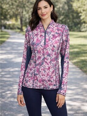 PGA Tour Pink Floral Performance Top with Gray Accents